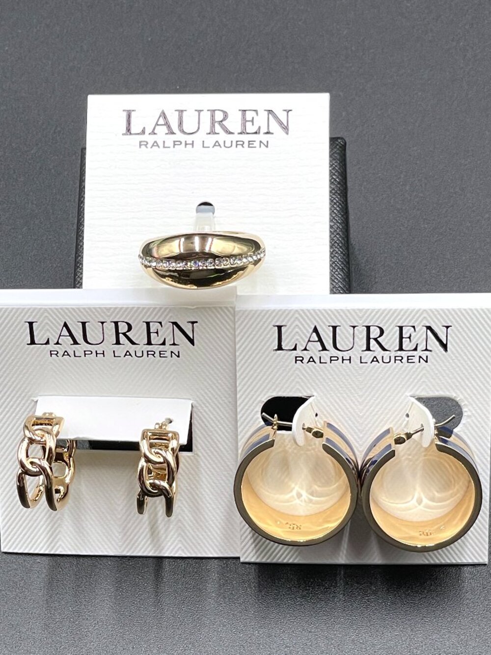 NWT Lauren Ralph Lauren 3-Pc Jewelry Set: 2 Hoop Earrings & Crystal Ring Lot
